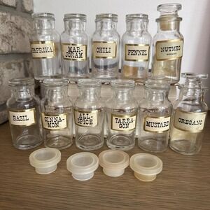 Vintage Apothecary Spice Jars Set of 11 Glass Bottles with 4 Stoppers
